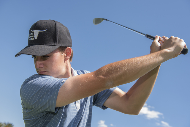 Shadow Ridge High School senior golfer Tanner Johnson poses for a portrait at the Desert Gol ...