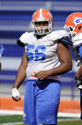 Bishop Gorman senior offensive lineman Jackson Perry watches during football practice on Wed ...