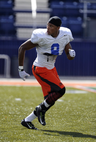 Bishop Gorman senior tight end Alize Jones runs a drill during football practice on Wednesda ...