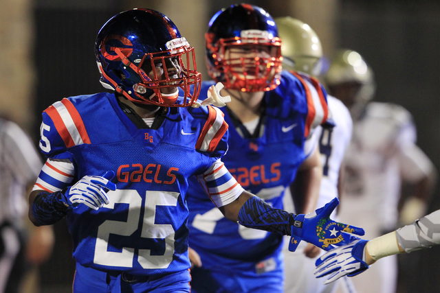 Bishop Gorman wide receiver Tyjon Lindsey celebrates a touchdown in the Gaels’ 34-31 w ...