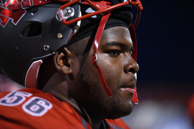 Arbor View’s Greg Rogers (56) hangs out on the sidelines during their football game pl ...