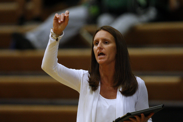 Rancho head coach Ashley Vossen calls a play during their game at Green Valley on Tuesday. G ...