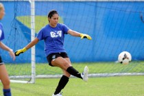 Green Valley girls soccer goalkeeper Kiyana Lopez punts the ball during practice. (Josh Holm ...