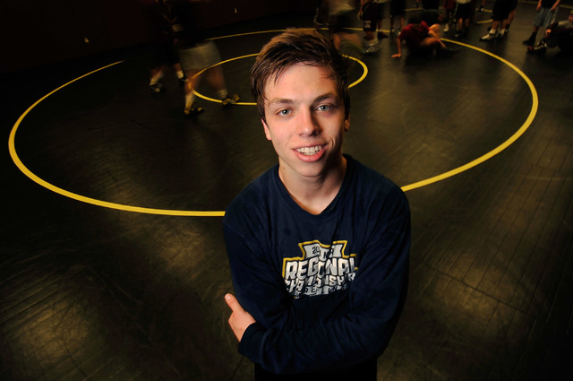 Faith Lutheran wrestler Owen Lawrie poses during a short break from training at Faith Luther ...