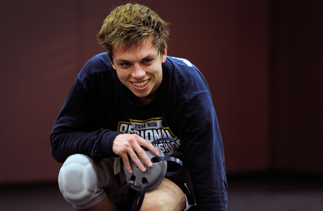 Faith Lutheran wrestler Owen Lawrie smiles during a short break from training at Faith Luthe ...