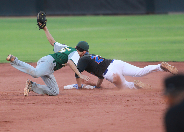 Bishop Gorman’s Grant Robbins (27) dives safely into second base past Rancho’s B ...