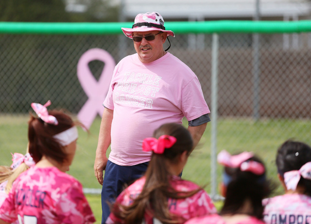 Foothill softball head coach Tom Mayes talks to his team after they played in the Strike Out ...