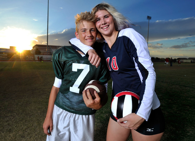 Brother and sister, Kenyon, left, and Berkeley Oblad, pose at Liberty High School on Tuesday ...