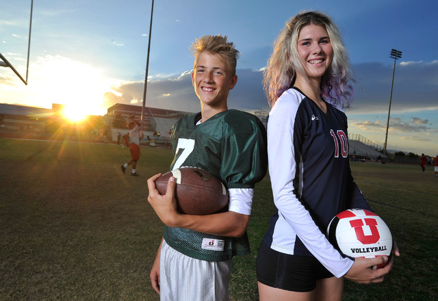 Brother and sister, Kenyon, left, and Berkeley Oblad, pose at Liberty High School on Tuesday ...