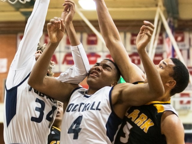 Foothill’s Mauricio Smith (4) collides with teammate Carl Fischer (34) and Clark&#8217 ...