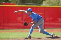 Centennial’s Will Loucks pitches against Arbor View in the Sunset Region baseball tour ...