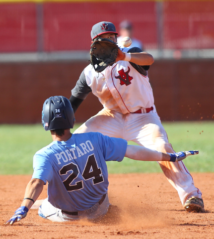 Centennial’s Jake Portaro (24) slides safely into second base as Arbor View’s Ni ...