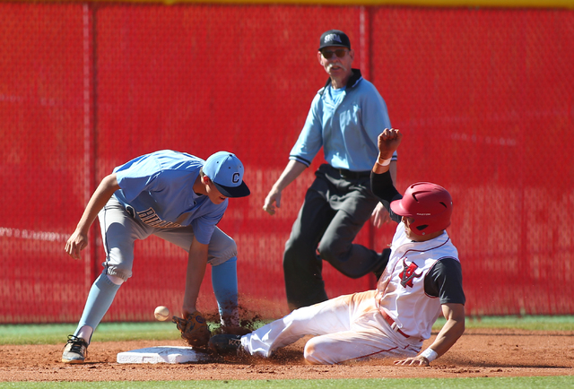 Centennial’s Kyle Horton, left, loses the ball as Arbor View’s Nick Quintana sli ...