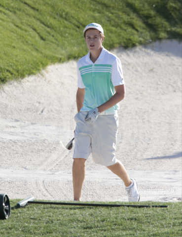 Palo Verde High School’s Jack Trent, walks out of the sand trap after hitting his ball ...