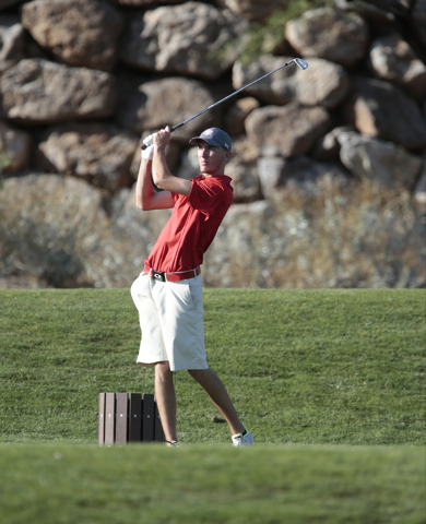 Arbor View High School’s Van Thomas, watches where his ball goes after teeing off duri ...