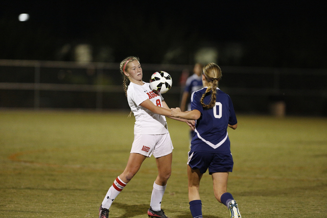 Arbor View’s Breanna Larkin (8) settles the ball as Shadow Ridge’s Joey Wright ( ...