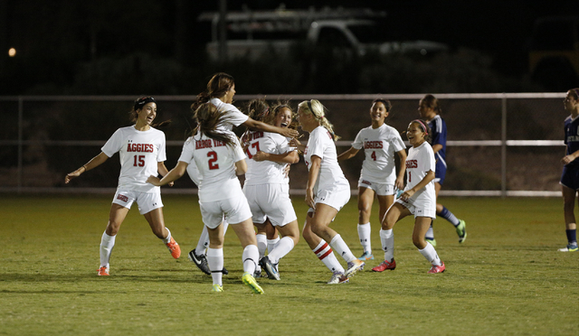 Arbor View players celebrate after a goal during the Sunset Region semifinals on Thursday. T ...