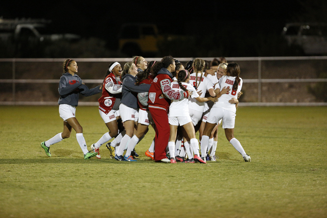 Arbor View celebrates its 2-1 win over Shadow Ridge in the Sunset Region semifinals on Thurs ...