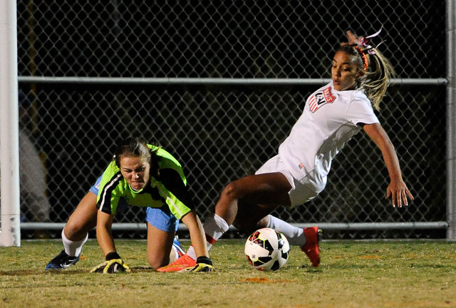 Foothill goalie Natalie Williams, left, defends her goal against Las Vegas’ Ashlee Jor ...