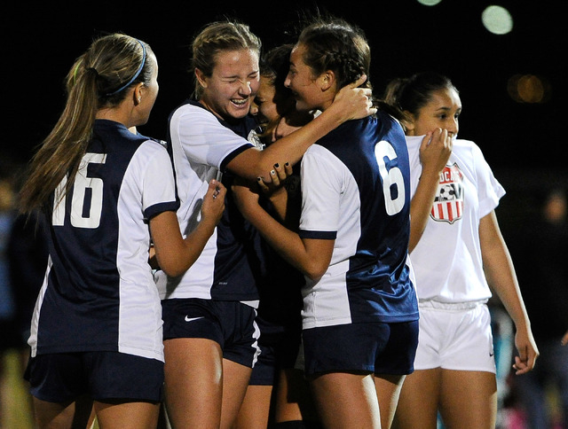 Foothill players from left, Alicia Abbud, Jamie Cook, Jilian Vigil and Katherine Ballou cele ...