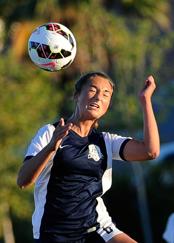 Foothill’s Katherine Ballou heads the ball during a Sunrise Region girls soccer quarte ...