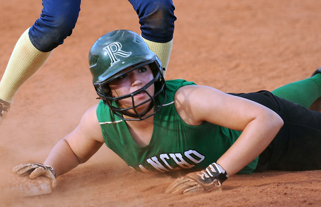 Rancho’s McKinzi Vega looks at the umpire after she was picked off at first base in th ...