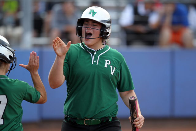 Palo Verde freshman Grace Chavez celebrates scoring against Shadow Ridge in their seven-run ...