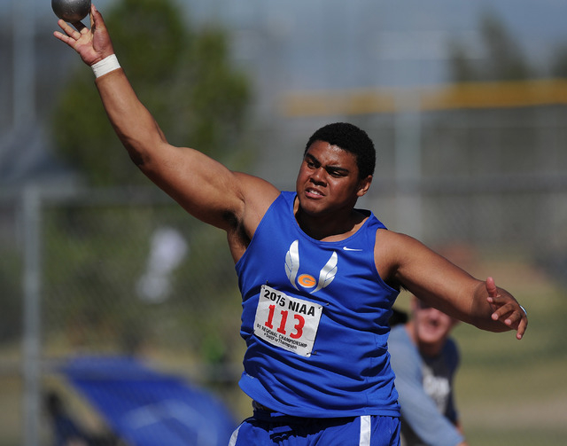 Haskell Garrett of Bishop Gorman competes in the boy’s Sunset Region shot put competit ...