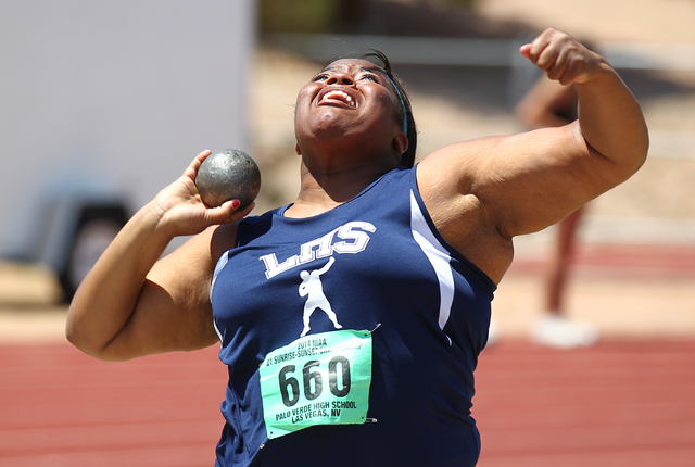 Liberty’s Ashlie Blake competes in the girls shot put event Saturday. Blake set a Sunr ...