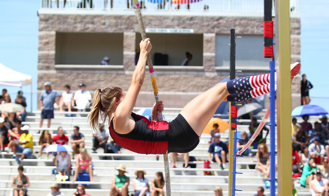 Desert Oasis’ Cassidy Motis vaults over the bar during the Sunset Region girls pole va ...