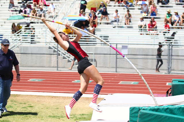 Desert Oasis’ Cassidy Motis competes in the Sunset Region girls pole vault on Saturday ...