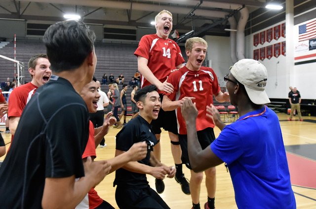 Las Vegas players and fans celebrate their victory over Foothill during the Sunrise Region b ...