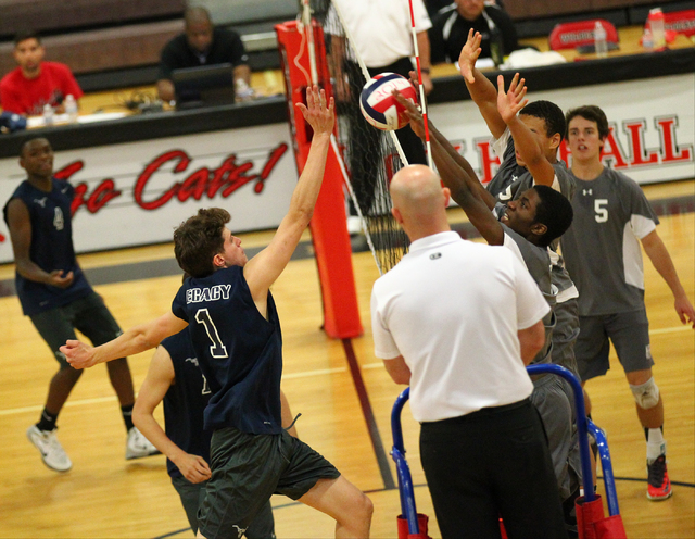 Legacy’s Tanner Compton (1) sends the ball over the net against Arbor View during a Su ...