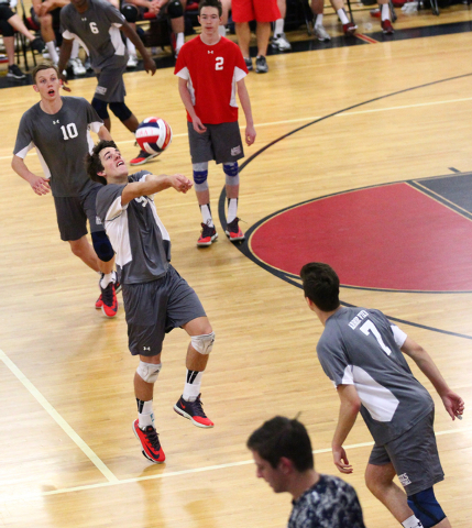 Arbor View’s Chris Heron (5) receives the ball from Legacy as Sam Buckels (10), Peter ...