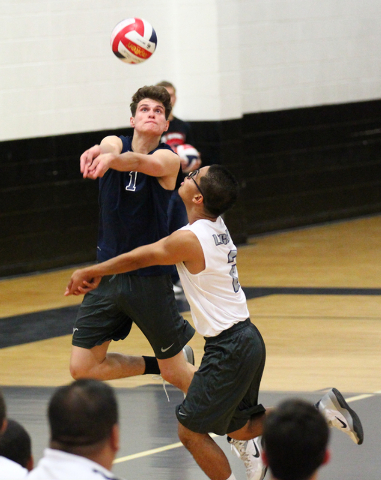 Legacy’s Tanner Compton (1) and Anthony Cabrera (2) look to receive the ball from Arbo ...