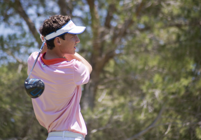 Bishop Gorman’s Owen Rosebeck hits his ball during the Sunset Region boys golf tournam ...