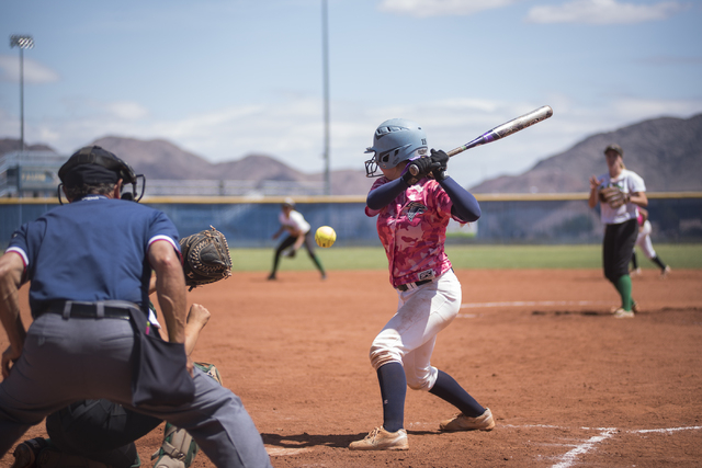 Foothill’s Alexis Farias (13) looks at a pitch against Rancho during their Sunrise Reg ...