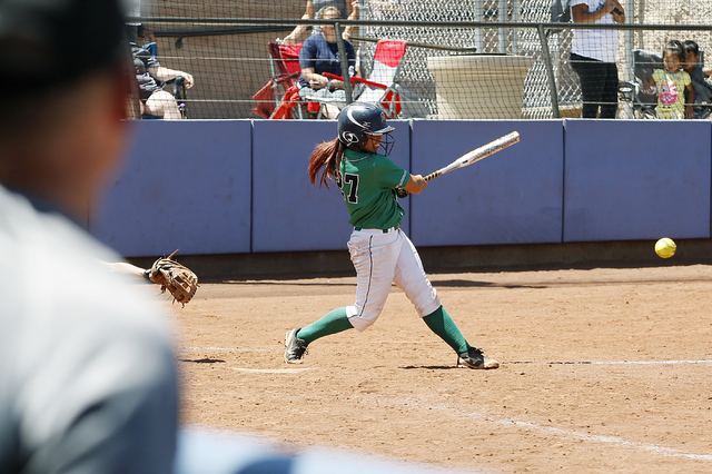 Katerina Anthony of Rancho hits the ball against Liberty in their softball game at Bishop Go ...