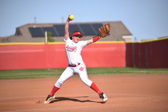 Arbor View’s Breanne Henriksen (2) pitches against Bishop Gorman during their softball ...