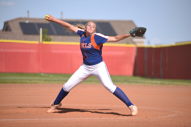 Bishop Gorman’s Darian Pancirov (10) pitches against Arbor View during their softball ...