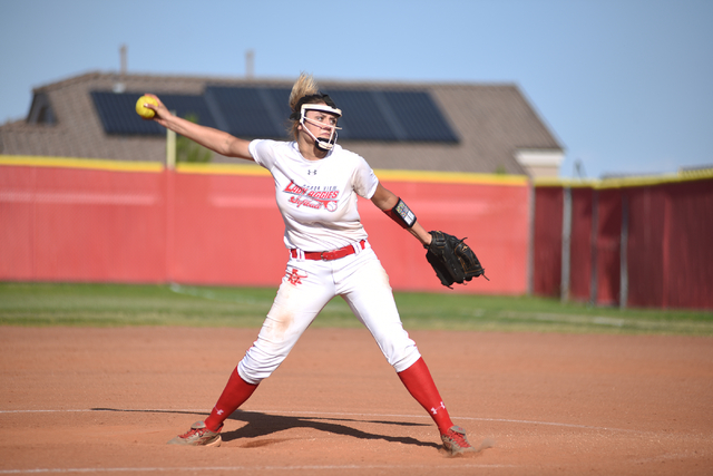 Arbor View’s Kayla Rutledge (21) pitches against Bishop Gorman during their softball g ...