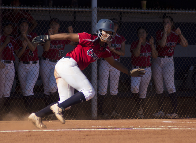 Coronado’s Jaiden Johnson (11) returns to third base during the Sunrise Region softbal ...