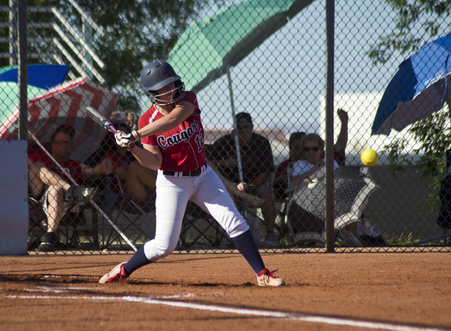 Coronado’s Brooke Younie (12) swings at the ball during the Sunrise Region softball to ...