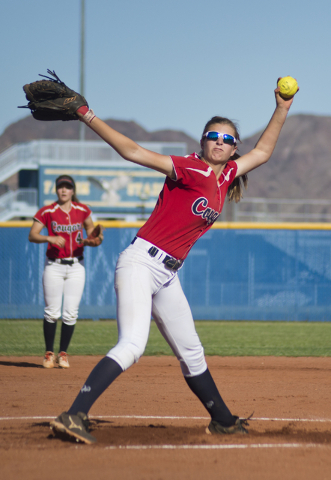 Coronado pitcher Tatum Spangler (5) throws the ball during the Sunrise Region softball tourn ...