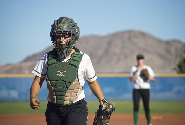 Rancho catcher Katerina Anthony (27) walks to home plate during the Sunrise Region softball ...