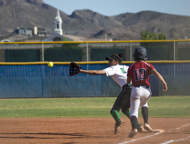 Rancho’s Kayla Coles (8) catches the ball to get Coronado’s Taylor Okamura (10) ...