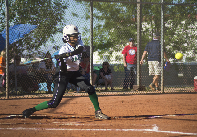 Rancho’s Jahnae Davis-Houston (10) swings at the ball during the Sunrise Region softba ...