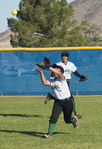 Rancho’s Brenda Meza (4) catches the ball during the Sunrise Region softball tournamen ...