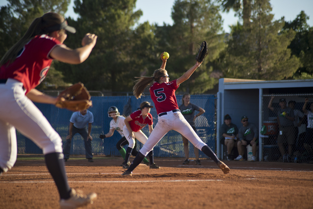 Coronado pitcher Tatum Spangler (5) throws the ball during the Sunrise Region softball tourn ...