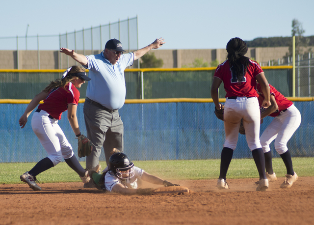 Rancho’s Gianna Carosone (66) tags third base during the Sunrise Region softball tourn ...